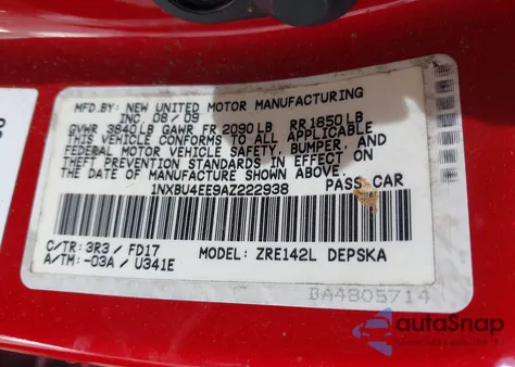 2010 Toyota Corolla S from USA, damaged, VIN 1NXBU4EE9AZ222938